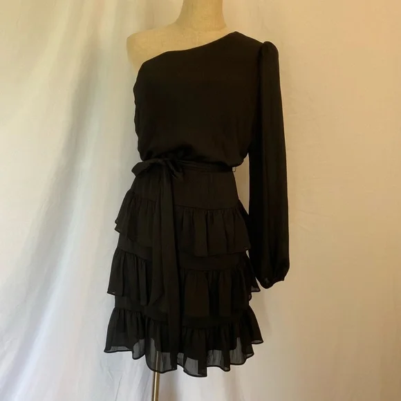 bcbgmaxazria black ruffle dress BCBG Max Azria Black Tulle Ruffle Gown Dress Sz Sm – Wopsters Closet main image 1